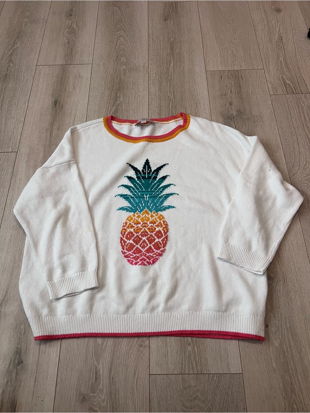 LOFT White Crewneck Sweater with Multicolor Pineapple Motif